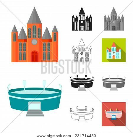 Building And Architecture Cartoon, Black, Flat, Monochrome, Outline Icons In Set Collection For Desi