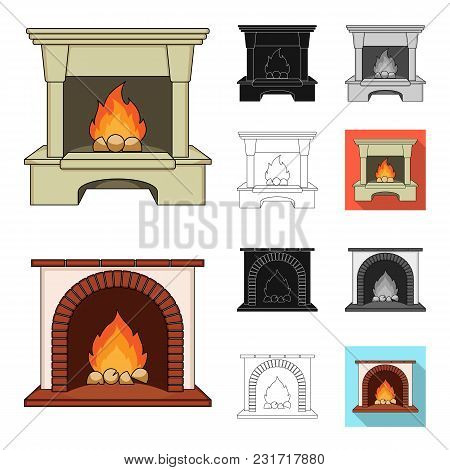 Different Kinds Of Fireplaces Cartoon, Black, Flat, Monochrome, Outline Icons In Set Collection For 