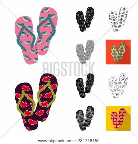 Flip-flops Cartoon, Black, Flat, Monochrome, Outline Icons In Set Collection For Design. Beach Shoes
