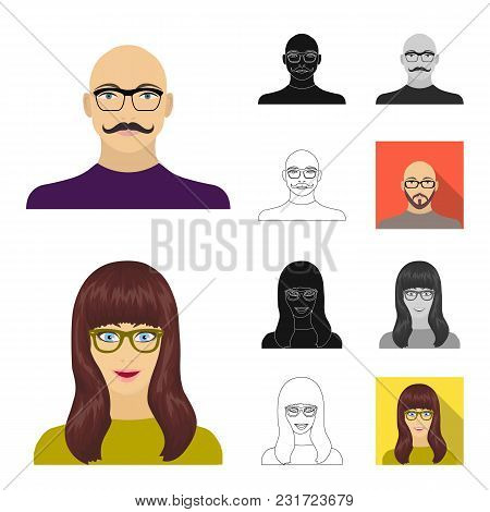 Avatar And Face Cartoon, Black, Flat, Monochrome, Outline Icons In Set Collection For Design. A Pers