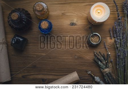 Magic Potion. Alternative Herbal Medicine. Shaman Table With Copy Space. Druidism Concept. Witch Doc