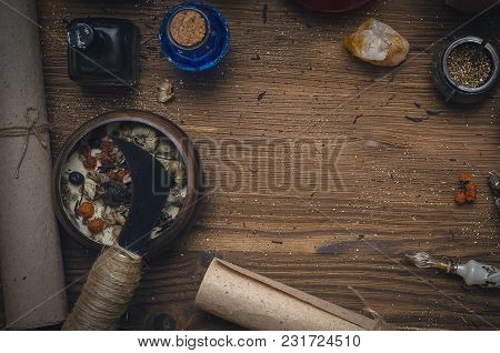 Magic Potion. Alternative Herbal Medicine. Shaman Table With Copy Space. Druidism Concept. Witch Doc
