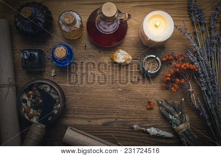 Magic Potion. Alternative Herbal Medicine. Shaman Table With Copy Space. Druidism Concept. Witch Doc