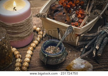 Magic Potion. Alternative Herbal Medicine. Shaman Table With Copy Space. Druidism Concept. Witch Doc