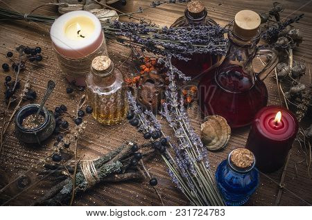 Magic Potion. Alternative Herbal Medicine. Shaman Table With Copy Space. Druidism Concept. Witch Doc
