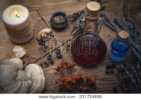 Magic Potion. Alternative Herbal Medicine. Shaman Table With Copy Space. Druidism Concept. Witch Doc