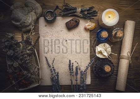 Magic Potion Ancient Recipe Scroll With Copy Space. Alternative Herbal Medicine. Shaman Table With C