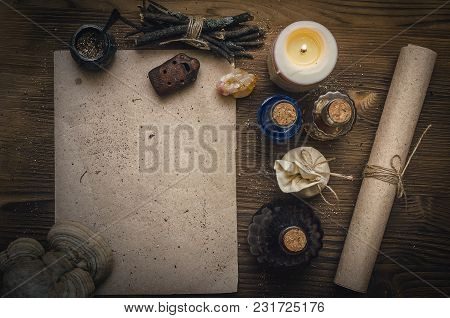 Magic Potion Ancient Recipe Scroll With Copy Space. Alternative Herbal Medicine. Shaman Table With C