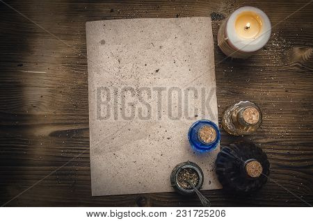 Magic Potion Ancient Recipe Scroll With Copy Space. Alternative Herbal Medicine. Shaman Table With C