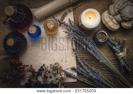 Magic Potion Ancient Recipe Scroll With Copy Space. Alternative Herbal Medicine. Shaman Table With C