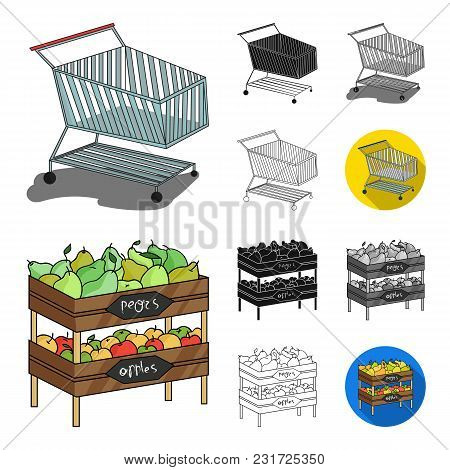 Supermarket And Equipment Cartoon, Black, Flat, Monochrome, Outline Icons In Set Collection For Desi