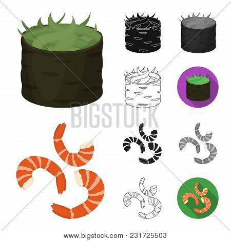 Sushi And Seasoning Cartoon, Black, Flat, Monochrome, Outline Icons In Set Collection For Design. Se