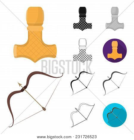 Vikings And Attributes Cartoon, Black, Flat, Monochrome, Outline Icons In Set Collection For Design.