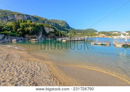 Alipa Beach In Paleokastritsa Bay With Sand And Crystal Sea Water. Corfu Island, Greece.