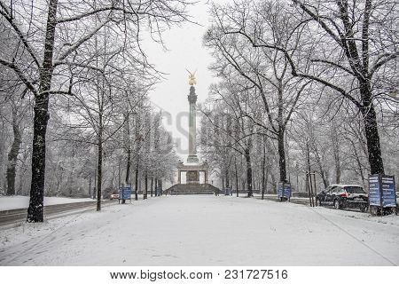 Munich , Germany - February 17 2018 : The Angel Of Peace On The Top Of Friedensengel Monument In Mun