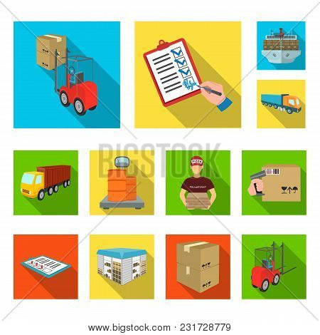 Logistics And Delivery Flat Icons In Set Collection For Design. Transport And Equipment Isometric Ve