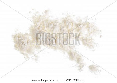 Pile Of Flour Isolated On White Background. Top View. Flat Lay.