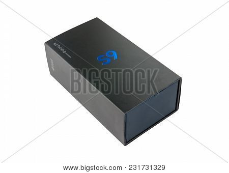 March 2018. Samsung Galaxy S9 In The Box Close-up. New Smartphone Sealed In A Box On A White Backgro