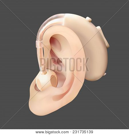 Hearing Aid Behind The Ear, On Background Of Sound Wave Diagram. Treatment And Prosthetics Of Hearin