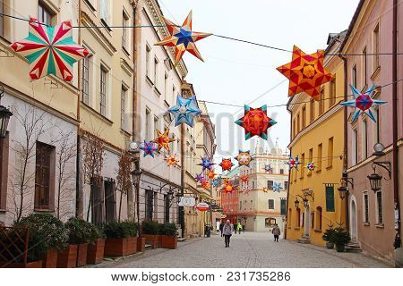 Lublin, Poland - January 16, 2018: Bramowa Street In Lublin Old Town With Christmas Decorations