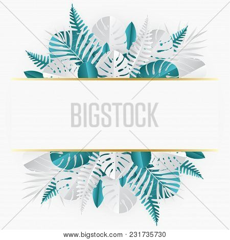 Tropical Paper Palm, Monstera Leaves Frame. Summer Tropical Leaf. Origami Exotic Hawaiian Jungle, Su