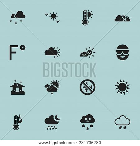 Set Of 16 Editable Weather Icons. Includes Symbols Such As Deluge, Semidarkness, Spectacles And More