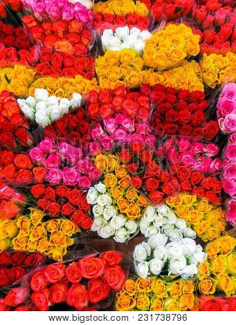 Street Flower Market. Bunches Of Bouquets Of Colored Roses For Sale