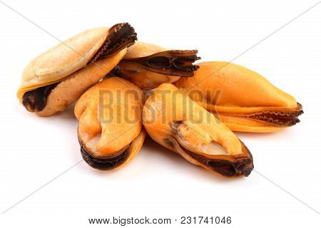 Five Mussel Without Shell Isolated On White Background.