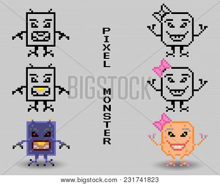 Pixel Monster With Big Eye On White Background, Vector Illustration
