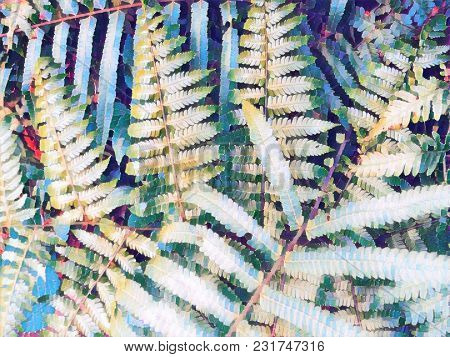 Fern Leaf Blurry Digital Illustration. Vintage Tropical Leaf. Floral Wedding Background. Summer Trav