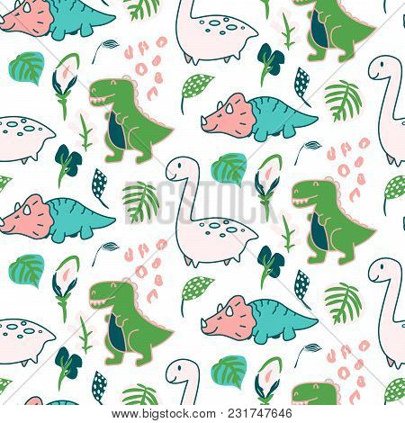 Cute Dino Seamless Vector Pattern. Funny Animals Repeat Background For Kids Apparel And Textile Prin