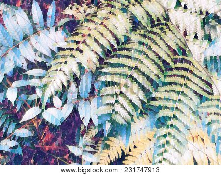 Fern Leaf Vintage Digital Illustration. Blue Toned Tropical Leaf. Floral Wedding Background. Summer 