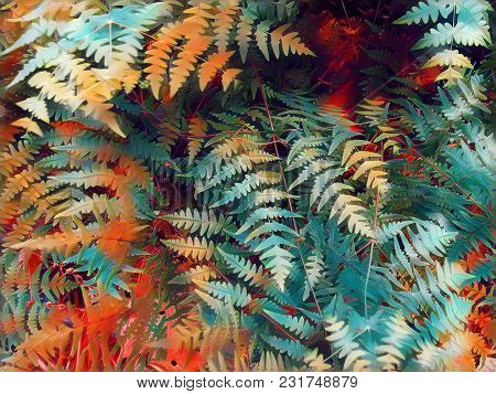 Fern Leaf Vibrant Digital Illustration. Red And Green Tropical Leaf. Floral Wedding Background. Summ