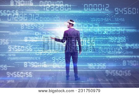 Businessman in vr glasses with variable fast changing numbers around