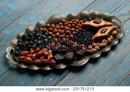 Traditional Pakhlava Baklava Pastry On Novruz Tray With Dry Fruits Snack. Azerbaijan National Novruz