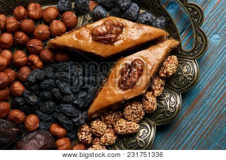 Traditional Pakhlava Baklava Pastry On Novruz Tray With Dry Fruits Snack. Azerbaijan National Novruz