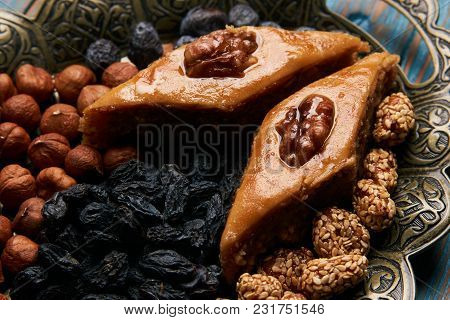 Traditional Pakhlava Baklava Pastry On Novruz Tray With Dry Fruits Snack. Azerbaijan National Novruz
