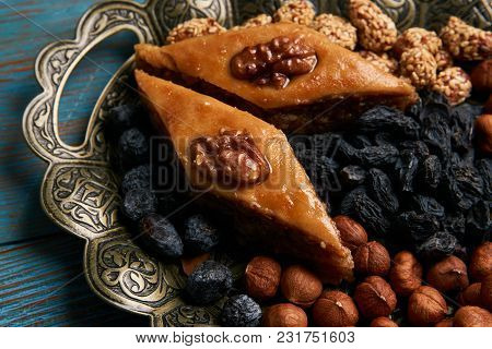 Traditional Pakhlava Baklava Pastry On Novruz Tray With Dry Fruits Snack. Azerbaijan National Novruz
