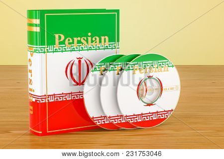 Persian Language Textbook With Flag Of Iran And Cd Discs On The Wooden Table. 3d Rendering