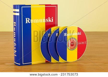 Romanian Language Textbook With Flag Of Romania And Cd Discs On The Wooden Table. 3d Rendering