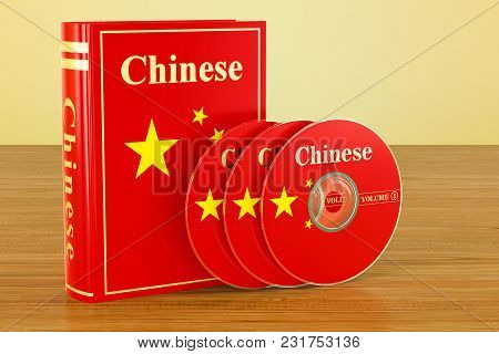 Chinese Book With Flag Of China And Cd Discs On The Wooden Table. 3d Rendering