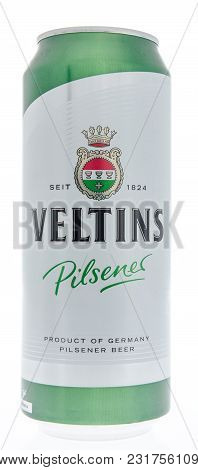Winneconne, Wi - 10 March 2018: A Can Of Veltins Pilsener Beer On An Isolated Background.