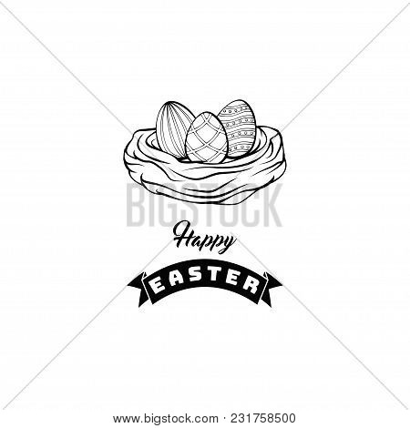 Card With Easter Eggs In The Nest And Inscription Happy Easter. Vector Template Suitable For Greetin