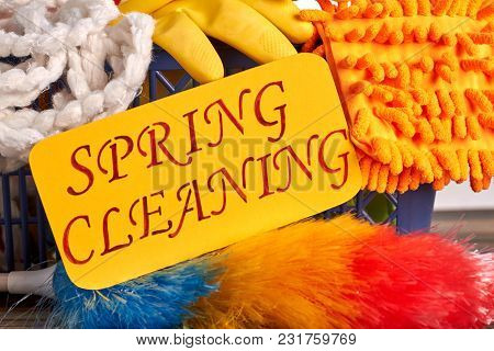 Spring Cleaning Colorful Background. Spring Cleaning Concept With Supplies. Paper Card With Text Spr