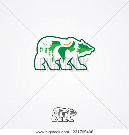 Landscape Design Company Or Green Landscaping Studio Icon Forming A Bear. Vector Symbol Of Green Tre