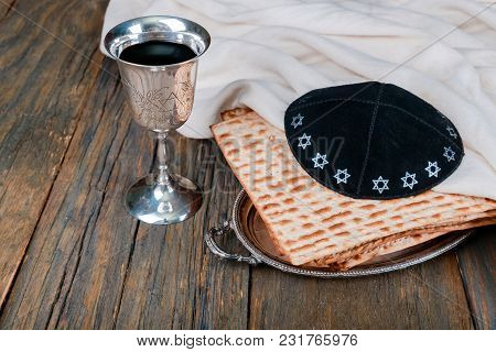 Pesah Celebration Concept Jewish Matzah Bread With Wine. Passover Holiday Concept