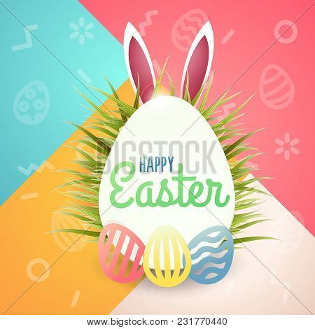 Happy Easter Background With Eggs, Rabbit Ears, Grass And Trendy Pattern