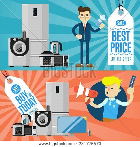 Best Prise And Buy Today Flyers With Household Appliances Illustration. Sale Tag, Discount Symbol, R