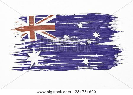 Art Brush Watercolor Painting Of Australian Flag Blown In The Wind Isolated On White Background.