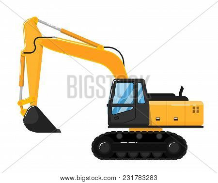 Yellow Crawler Excavator Isolated On White Background Illustration. Construction Digger Machine In F